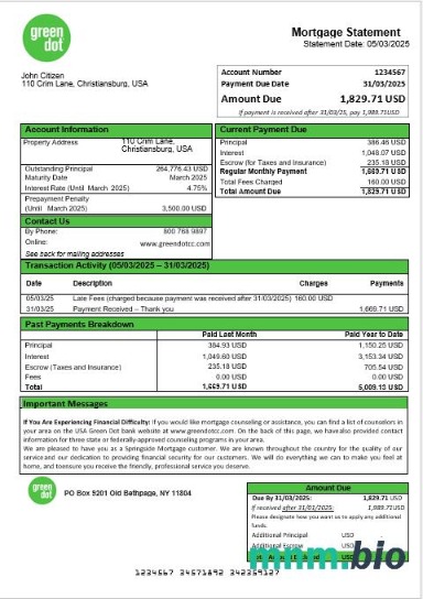 USA Green Dot wyciąg z kredytu hipotecznego w formatach Word i PDF